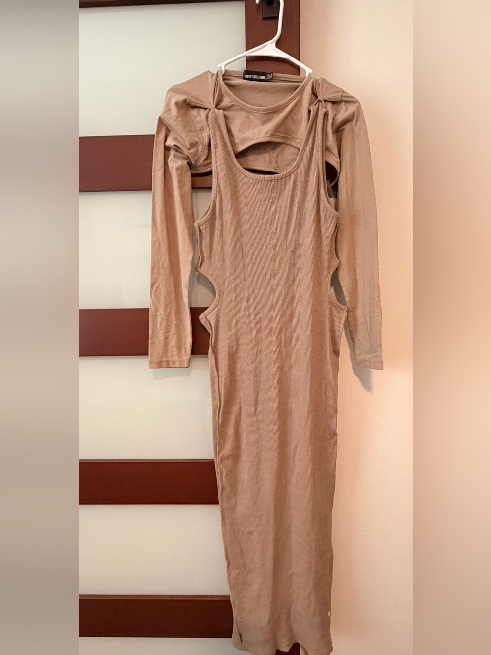PrettyLittleThing Beige Long Sleeve Cutout Midi Dress